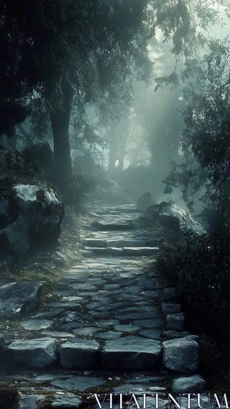 Misty Stone Path Through Ancient Forest.