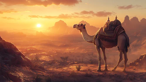 Camel with saddle standing in wide desert at sunset.