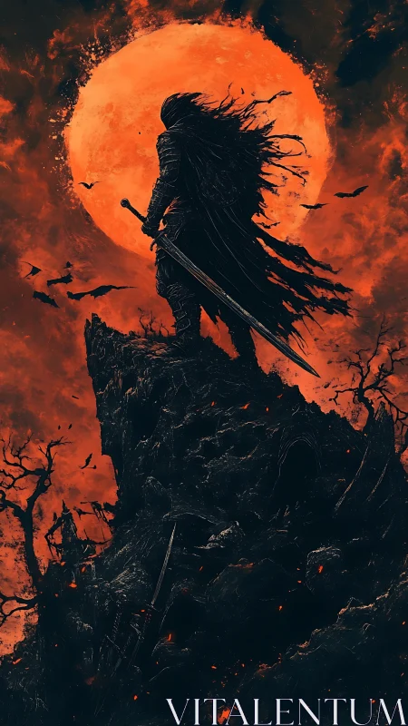 Dark armored warrior under red moon on jagged cliff edge.