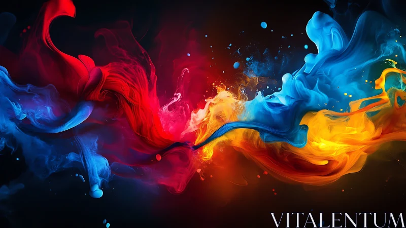 Multicolored fluid plumes on dark background in motion.