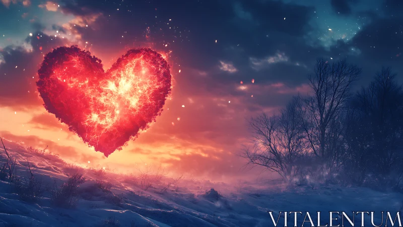 Glowing Heart Emerges from Winter Landscape.