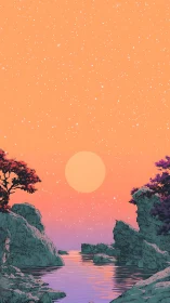 Surreal pastel canyon sunset over reflective river channel.