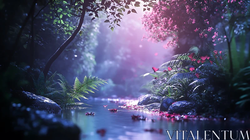 Digital forest scene with luminescent water and pink flowering canopy