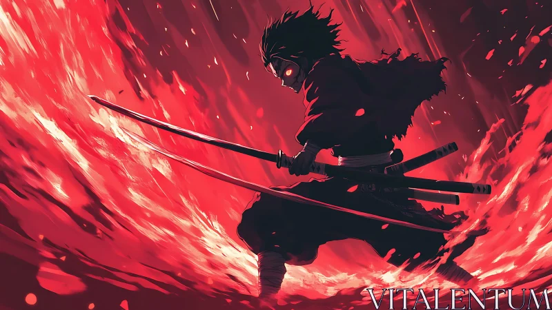 Samurai warrior channels flaming energy in dynamic anime tableau