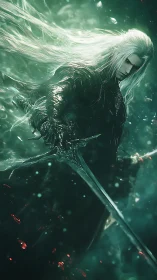 Silver-haired swordmaster drifting through glowing mist.