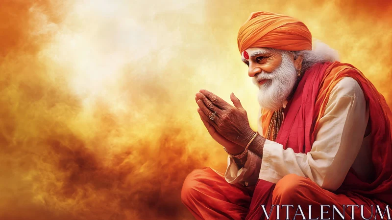 Crimson robed sage folds sunrise clouds into quiet prayer