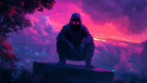 Hooded figure with glowing eyes over neon city at dusk.