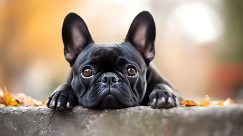 French bulldog rests on stone ledge under soft autumn light.