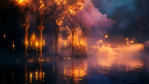 Mystical Palace Ablaze: Golden Flames Reflected in Still Waters