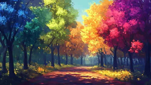 Forest pathway lined with multicolored seasonal foliage trees.