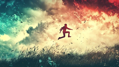 Silhouetted figure leaping over windblown field under dual-toned sky.