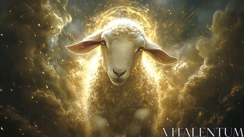 Radiant lamb ascending through stormlit celestial clouds.