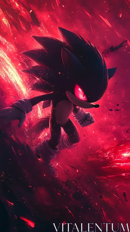 Dark hedgehog character strides through red energy storm