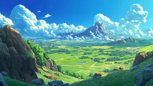 Digital painting panoramic valley with monumental central peak.