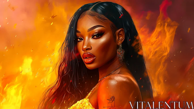 Woman Portrait with Fiery Background and Golden Accessories.