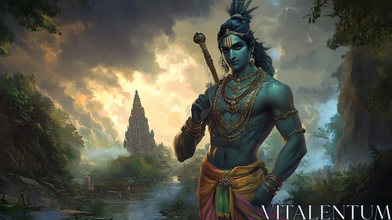 Blue-skinned deity figure before riverside temple landscape.