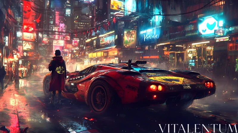 Cyberpunk street scene shows red sports car and lone figure