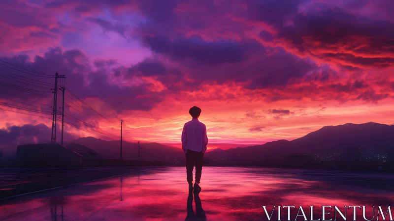 Solitary figure walks toward a neon violet and crimson sunset