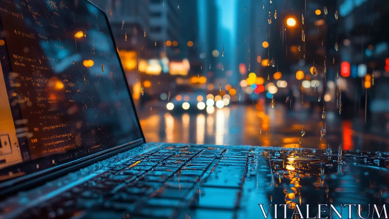 Wet laptop on city street in night rain with bokeh lights.