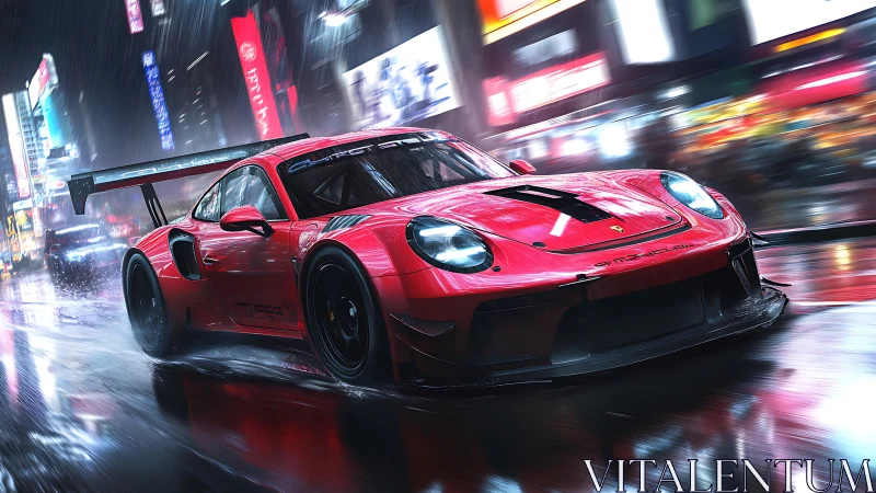 Red GT race car powers through neon soaked city streets.