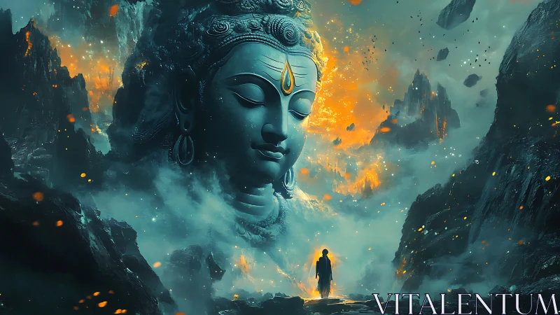 Colossal serene deity emerges in fiery cosmic mountain mist