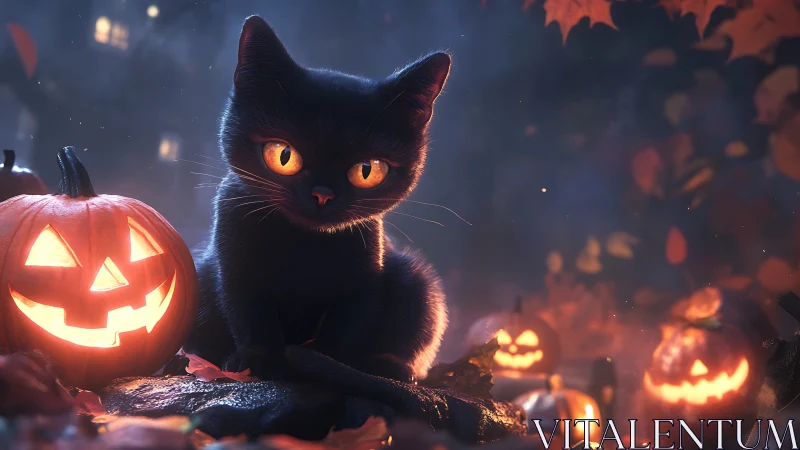 Black Cat with Glowing Eyes Among Jack-O-Lanterns.