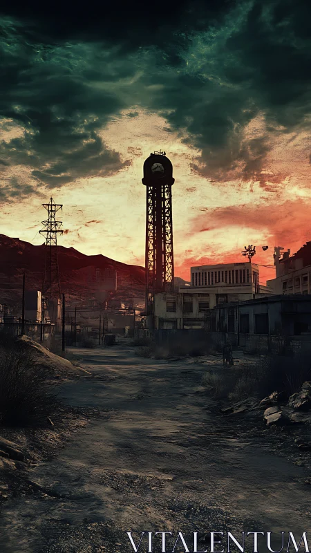 Sunset over a forgotten industrial road and silent tower.