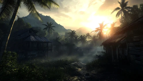 Misty Tropical Village at Dawn. Golden Light Pierces Jungle Settlement.