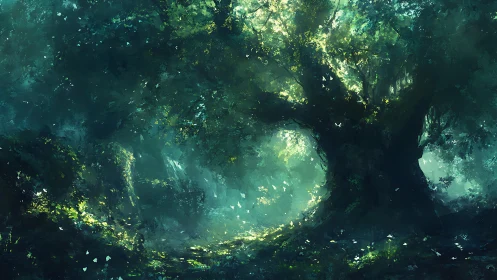 Luminous forest cave with light filtering through canopy