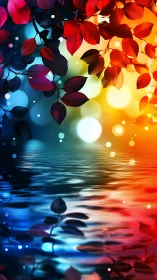 Colorful bokeh leaves reflect over rippling twilight water