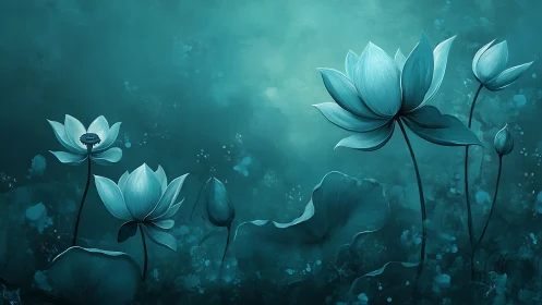 Aqueous Lotus Composition with Graduated Tonal Gradation and Atmospheric Particle Effects