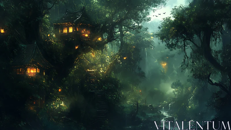 Hidden lantern village glowing in a misty enchanted forest.