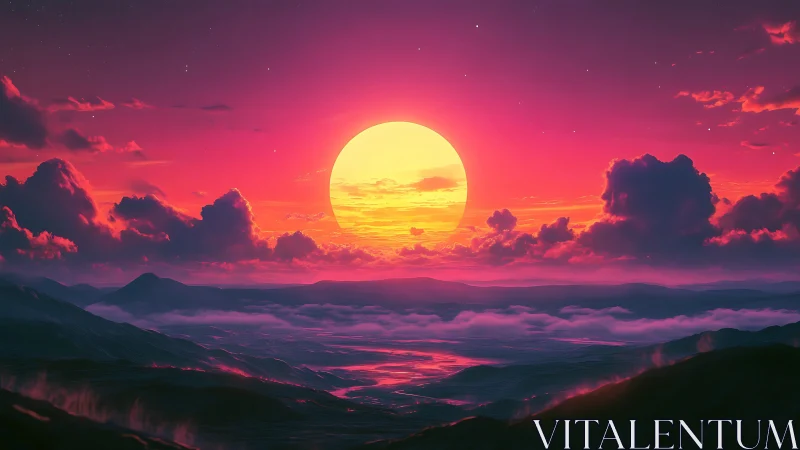 Neon sun over misty mountains at hyperreal twilight.