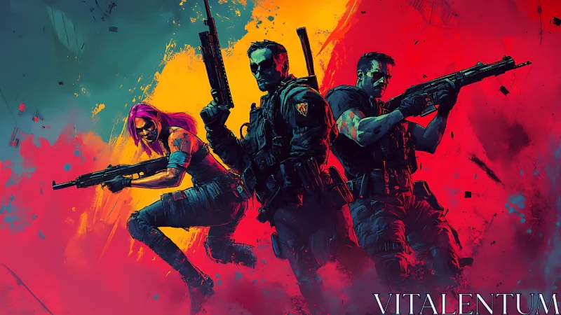 Neon tactical squad framed by explosive duotone backdrop.