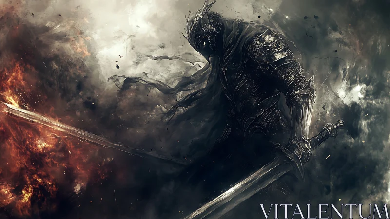 Dark wraith knight amid swirling fire and storm clouds.