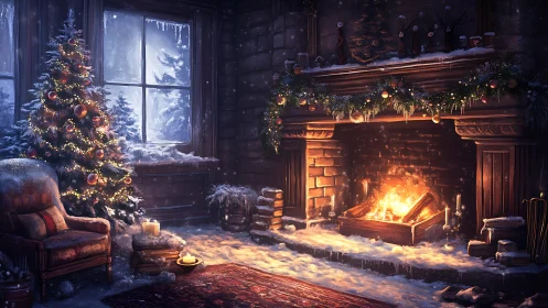 Snow-covered interior shows lit fireplace and Christmas tree
