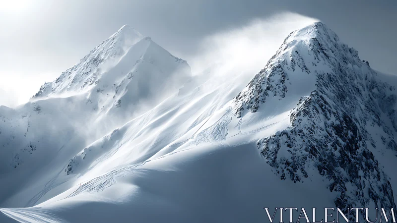 Wind-sculpted alpine peaks with fresh ski tracks under diffuse light