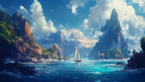 Digital painting seascape with towering fantasy cliffs and sailboat.