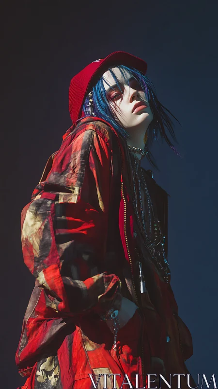 High-contrast portrait of streetwear figure in red parka