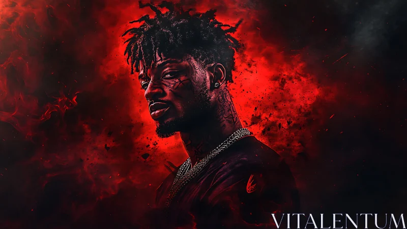 Portrait in crimson smoke with high-contrast lighting and ink.