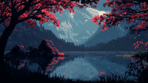 Digital painting landscape with alpine lake and crimson trees.