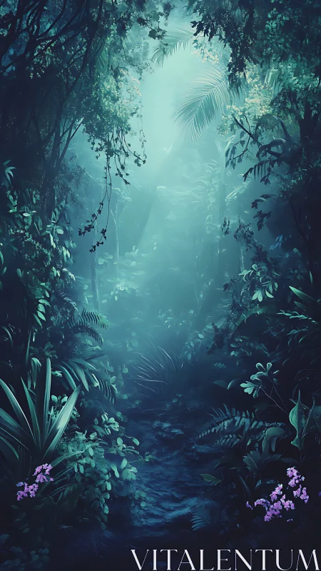 Mystical Forest Pathway Through Bioluminescent Jungle Canopy.