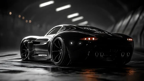 Black sports car sits in dim tunnel with reflective floor
