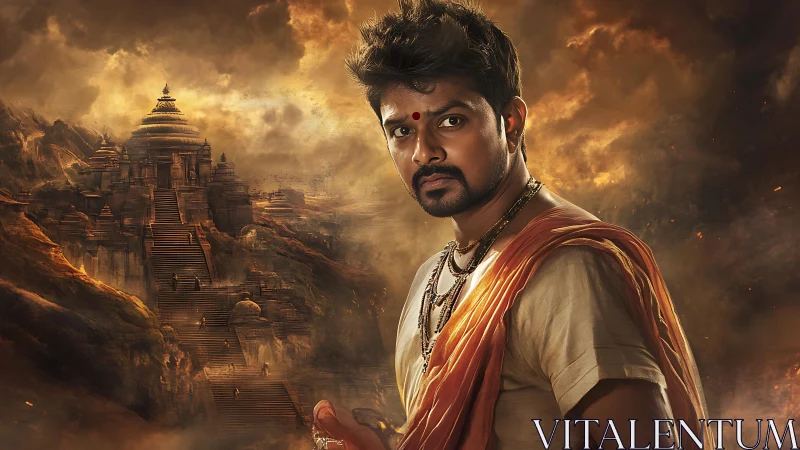 Determined pilgrim stands before monumental temple ascent