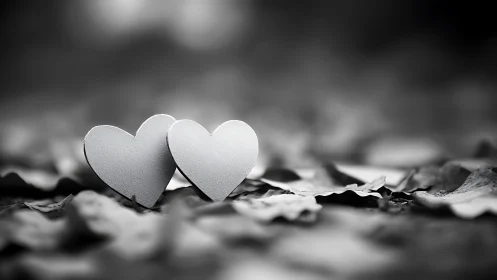 Two Hearts Rest on Textured Earth in Monochrome.