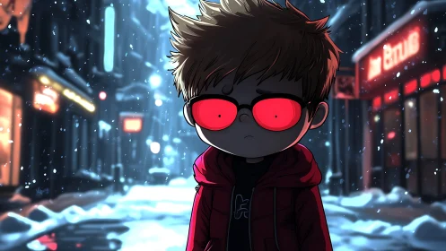 Snowfall paints neon gloom around the boy with ember eyes