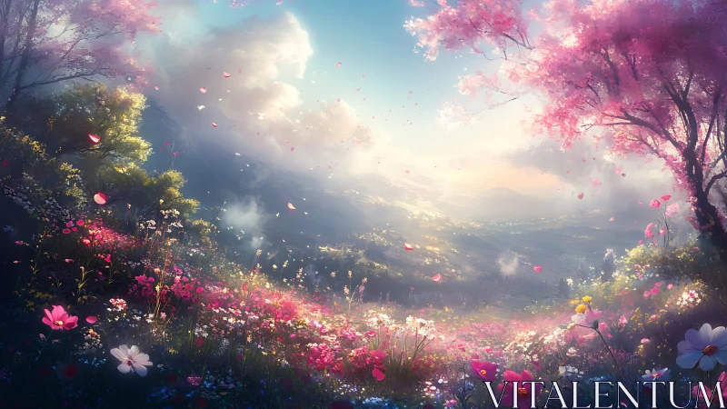 Petal-bright dawn hums softly across an endless blossom valley