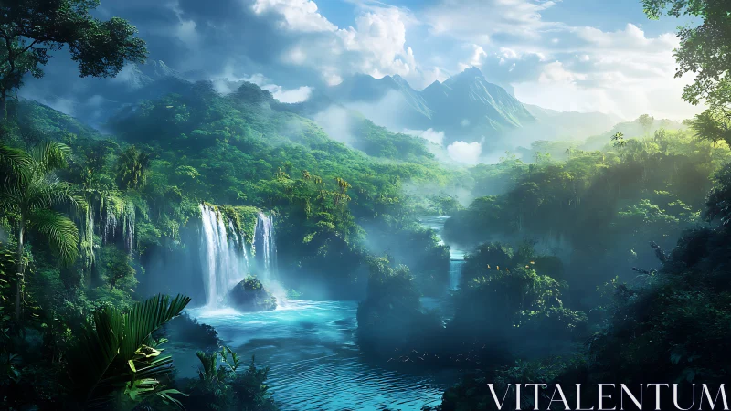 Lush river valley with waterfalls under distant mountain range.