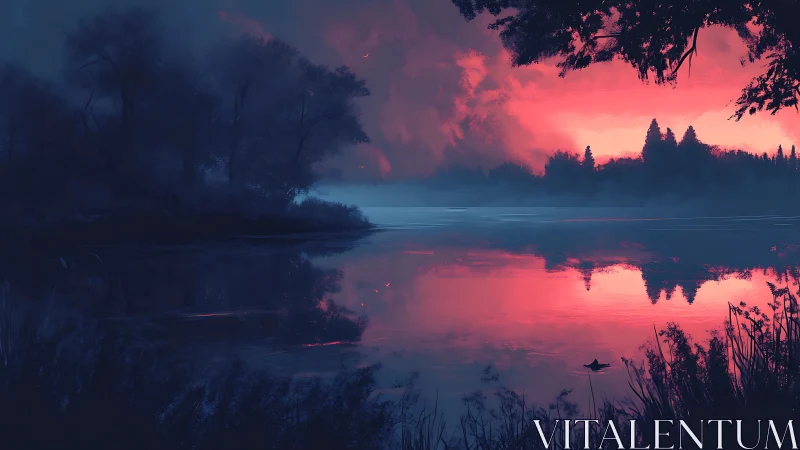 Dreamy lakeside sunset wrapped in soft mist and reflections.