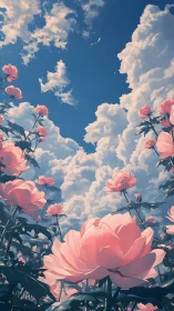 Digital painting of pink peonies against towering cumulus sky.